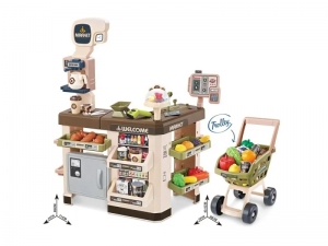 Set de joaca supermarket Alibibi cu carucior, casa de marcat, scanner, cantar, aparat de cafea si alte accesorii